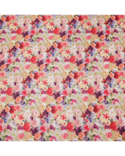 Pastel Yellow Multicolor Floral Explosion Print Silk Crepe Fabric, Artistic Digital Design, 110 Cms Width, Made in India-D23751