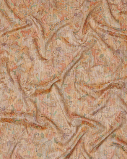 قماش كريب فيسكوز بطبعة نباتية بلون بيج دافئ ولون تراكوتا، بتصميم رقمي ناعم، عرض 110 سم، صنع في الهند - D23753