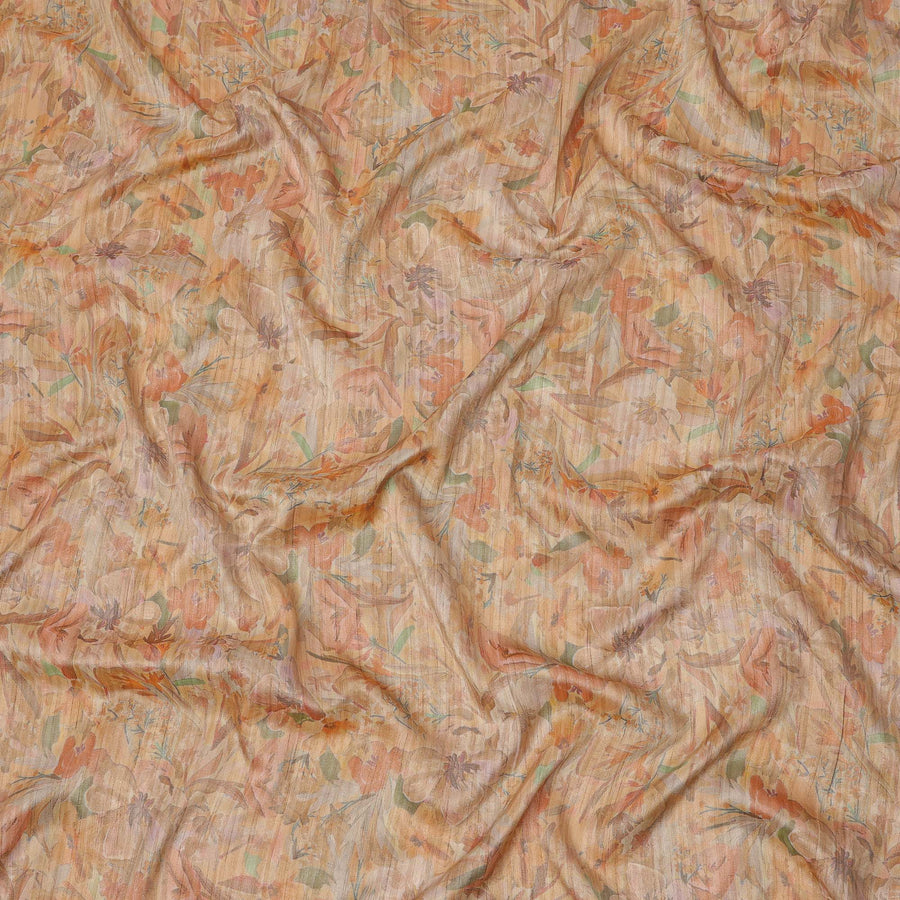 قماش كريب فيسكوز بطبعة نباتية بلون بيج دافئ ولون تراكوتا، بتصميم رقمي ناعم، عرض 110 سم، صنع في الهند - D23753