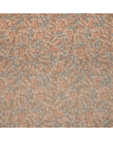 قماش كريب فيسكوز بطبعة أوراق تجريدية باللونين البرتقالي المحروق والرمادي الداكن، بتصميم رقمي ناعم، عرض 110 سم، صنع في الهند - D23755