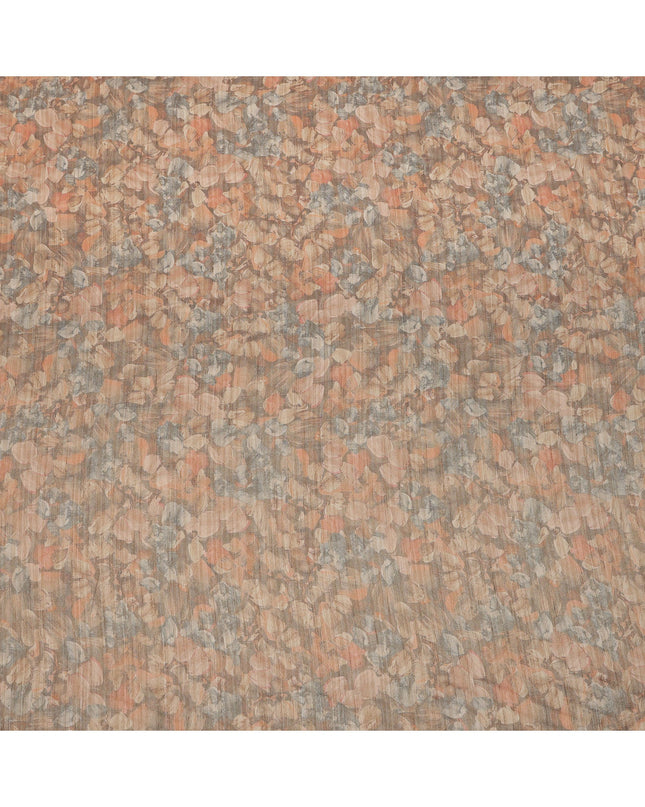 قماش كريب فيسكوز بطبعة أوراق تجريدية باللونين البرتقالي المحروق والرمادي الداكن، بتصميم رقمي ناعم، عرض 110 سم، صنع في الهند - D23755