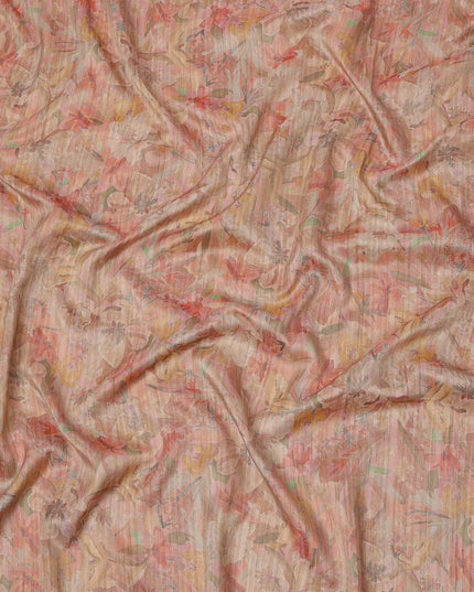 قماش كريب فيسكوز بطبعة زهور وردية خوخي ومرجانية، بتصميم عمودي ناعم، عرض 110 سم، صنع في الهند - D23756