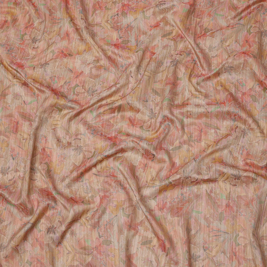 قماش كريب فيسكوز بطبعة زهور وردية خوخي ومرجانية، بتصميم عمودي ناعم، عرض 110 سم، صنع في الهند - D23756