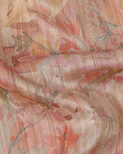قماش كريب فيسكوز بطبعة زهور وردية خوخي ومرجانية، بتصميم عمودي ناعم، عرض 110 سم، صنع في الهند - D23756