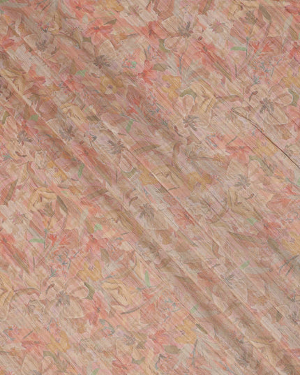 قماش كريب فيسكوز بطبعة زهور وردية خوخي ومرجانية، بتصميم عمودي ناعم، عرض 110 سم، صنع في الهند - D23756