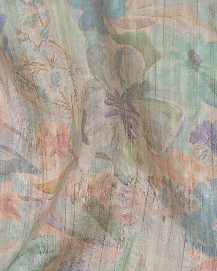قماش كريب فيسكوز بطبعة زهور متعددة الألوان، بلون النعناع الفاتح واللافندر، بتصميم رقمي ناعم، عرض 110 سم، صنع في الهند - D23757