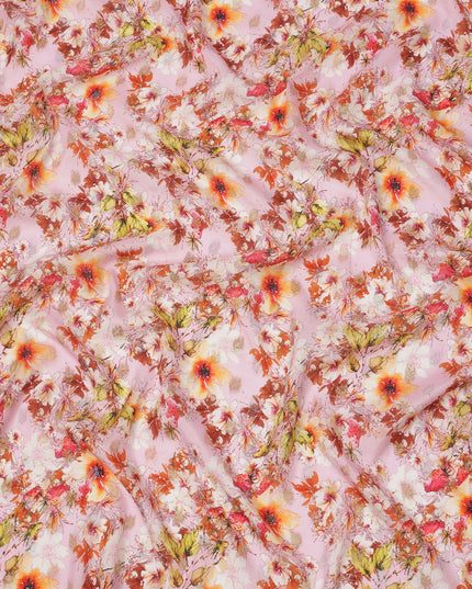 قماش كريب صناعي بطبعة زهور الحدائق باللونين الوردي الخوخي والبرتقالي، بتصميم رقمي نابض بالحياة، عرض 110 سم، صنع في الهند - D23758