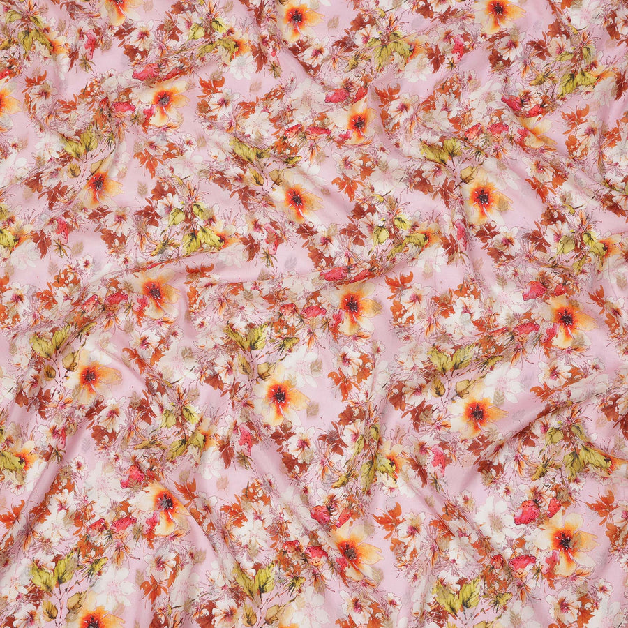 قماش كريب صناعي بطبعة زهور الحدائق باللونين الوردي الخوخي والبرتقالي، بتصميم رقمي نابض بالحياة، عرض 110 سم، صنع في الهند - D23758
