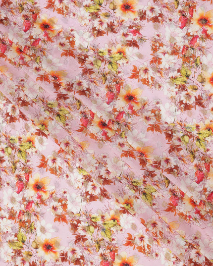 قماش كريب صناعي بطبعة زهور الحدائق باللونين الوردي الخوخي والبرتقالي، بتصميم رقمي نابض بالحياة، عرض 110 سم، صنع في الهند - D23758