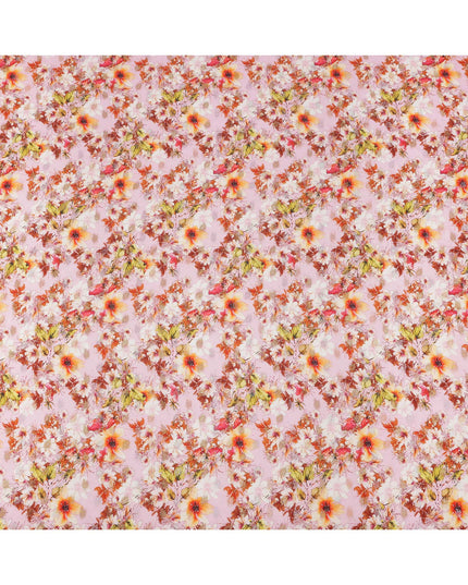 قماش كريب صناعي بطبعة زهور الحدائق باللونين الوردي الخوخي والبرتقالي، بتصميم رقمي نابض بالحياة، عرض 110 سم، صنع في الهند - D23758