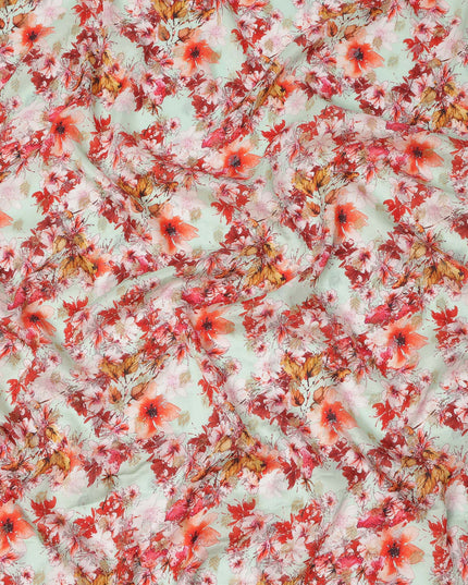 قماش كريب صناعي بطبعة زهور خضراء نعناعية وحمراء، تصميم حديقة رقمي نابض بالحياة، عرض 110 سم، صنع في الهند - D23759