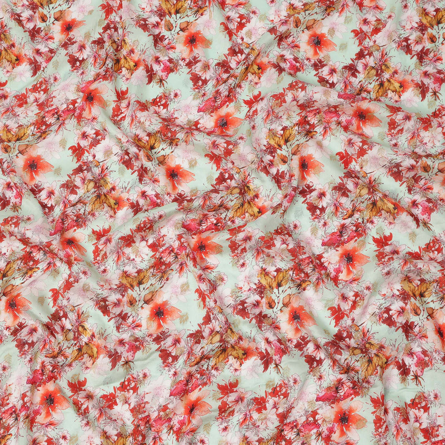 قماش كريب صناعي بطبعة زهور خضراء نعناعية وحمراء، تصميم حديقة رقمي نابض بالحياة، عرض 110 سم، صنع في الهند - D23759