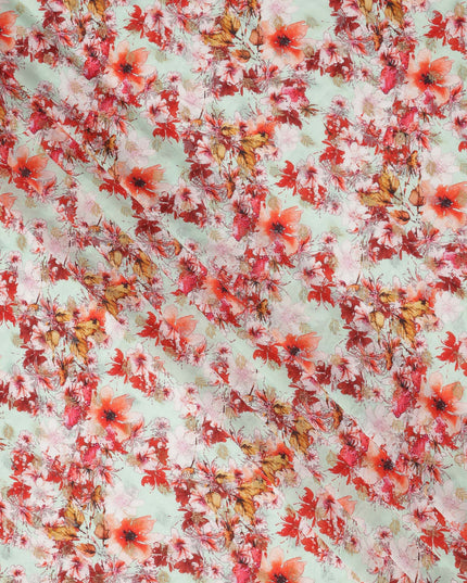 قماش كريب صناعي بطبعة زهور خضراء نعناعية وحمراء، تصميم حديقة رقمي نابض بالحياة، عرض 110 سم، صنع في الهند - D23759