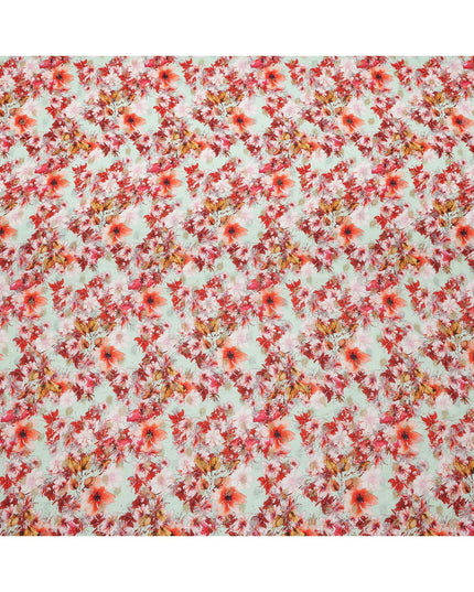 قماش كريب صناعي بطبعة زهور خضراء نعناعية وحمراء، تصميم حديقة رقمي نابض بالحياة، عرض 110 سم، صنع في الهند - D23759