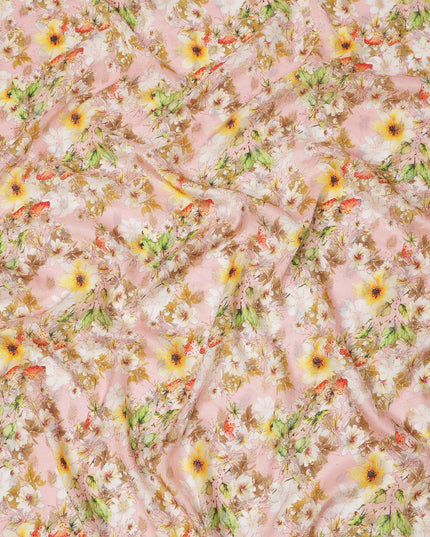 قماش كريب صناعي بطبعة زهور وردية وردية وصفراء، تصميم رقمي ناعم، عرض 110 سم، صنع في الهند - D23760