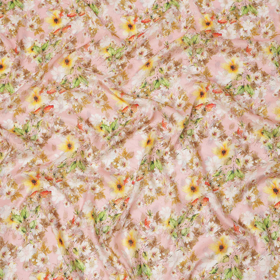 قماش كريب صناعي بطبعة زهور وردية وردية وصفراء، تصميم رقمي ناعم، عرض 110 سم، صنع في الهند - D23760