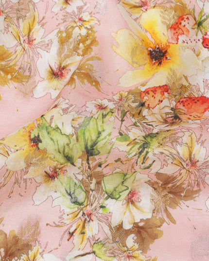 قماش كريب صناعي بطبعة زهور وردية وردية وصفراء، تصميم رقمي ناعم، عرض 110 سم، صنع في الهند - D23760