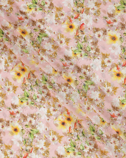 قماش كريب صناعي بطبعة زهور وردية وردية وصفراء، تصميم رقمي ناعم، عرض 110 سم، صنع في الهند - D23760