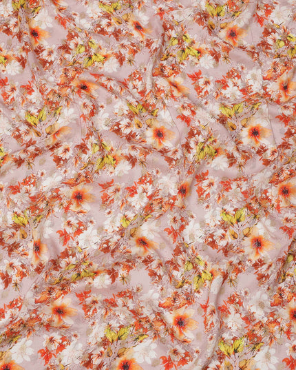 قماش كريب صناعي بطبعة زهور زهرية وردية أرجوانية وبرتقالية، تصميم حديقة رقمي مشرق، عرض 110 سم، صنع في الهند - D23761