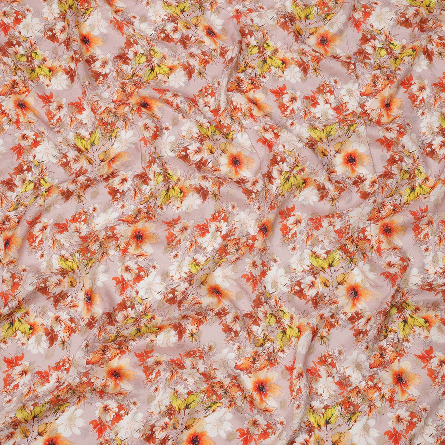 قماش كريب صناعي بطبعة زهور زهرية وردية أرجوانية وبرتقالية، تصميم حديقة رقمي مشرق، عرض 110 سم، صنع في الهند - D23761