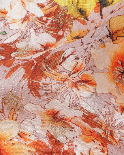 قماش كريب صناعي بطبعة زهور زهرية وردية أرجوانية وبرتقالية، تصميم حديقة رقمي مشرق، عرض 110 سم، صنع في الهند - D23761