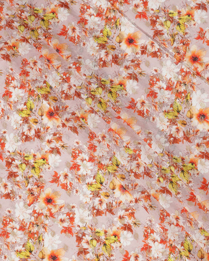 قماش كريب صناعي بطبعة زهور زهرية وردية أرجوانية وبرتقالية، تصميم حديقة رقمي مشرق، عرض 110 سم، صنع في الهند - D23761