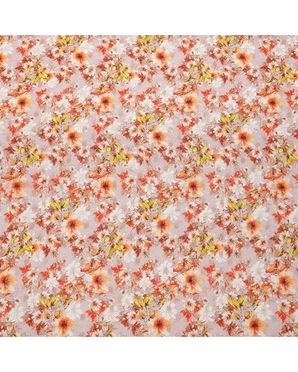 قماش كريب صناعي بطبعة زهور زهرية وردية أرجوانية وبرتقالية، تصميم حديقة رقمي مشرق، عرض 110 سم، صنع في الهند - D23761