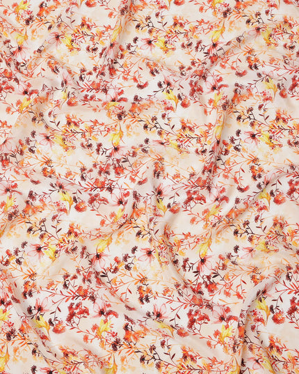 Ivory and Fiery Orange Floral Vine Print Synthetic Crepe Fabric, Delicate Digital Design, 110 Cms Width, Made in India-D23762