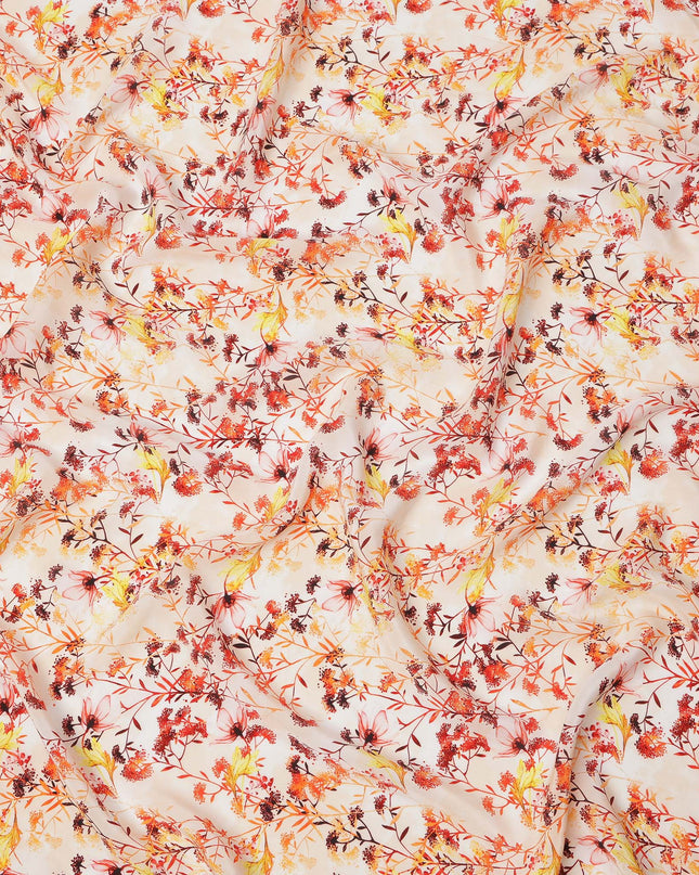 Ivory and Fiery Orange Floral Vine Print Synthetic Crepe Fabric, Delicate Digital Design, 110 Cms Width, Made in India-D23762