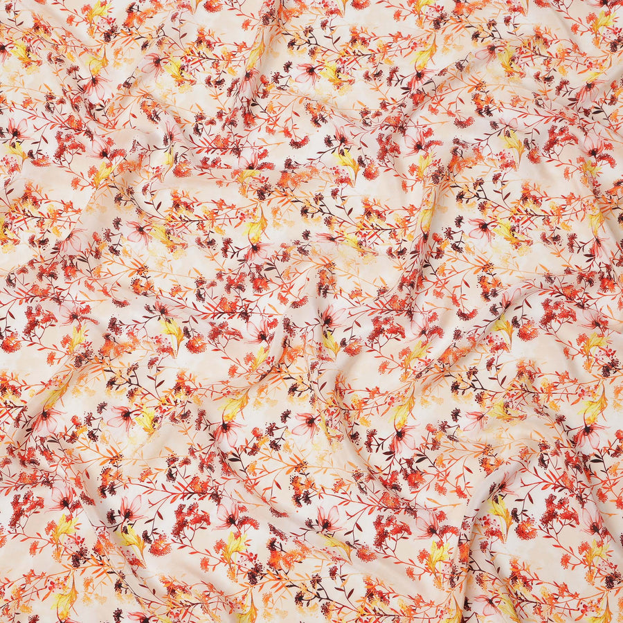 Ivory and Fiery Orange Floral Vine Print Synthetic Crepe Fabric, Delicate Digital Design, 110 Cms Width, Made in India-D23762
