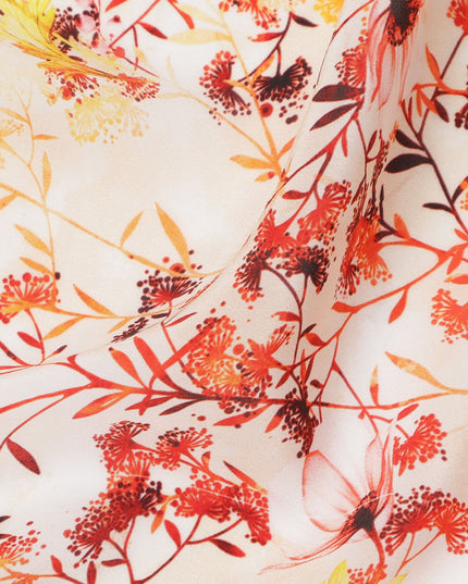 Ivory and Fiery Orange Floral Vine Print Synthetic Crepe Fabric, Delicate Digital Design, 110 Cms Width, Made in India-D23762