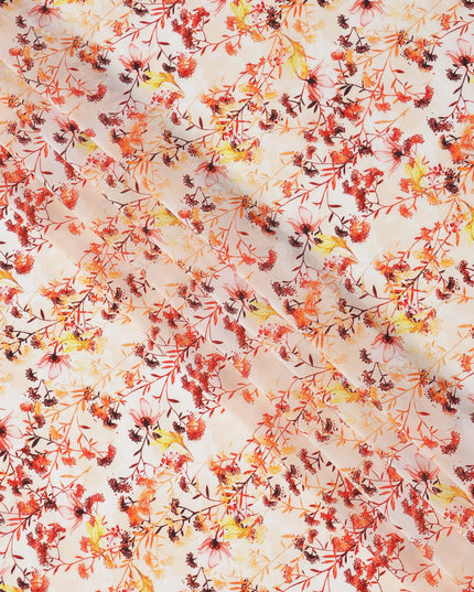 Ivory and Fiery Orange Floral Vine Print Synthetic Crepe Fabric, Delicate Digital Design, 110 Cms Width, Made in India-D23762