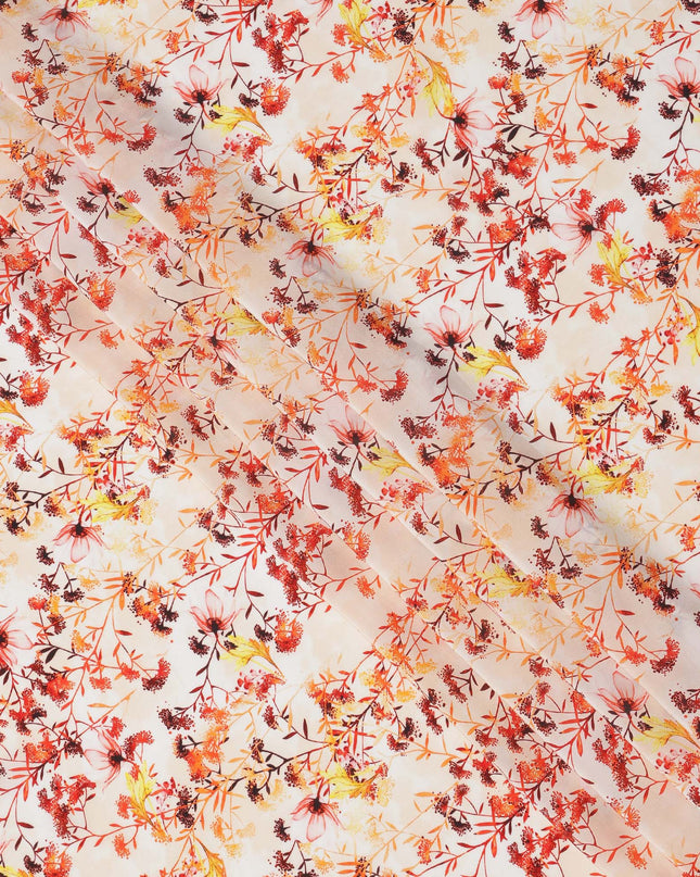 Ivory and Fiery Orange Floral Vine Print Synthetic Crepe Fabric, Delicate Digital Design, 110 Cms Width, Made in India-D23762