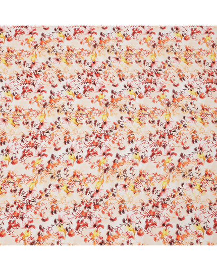 Ivory and Fiery Orange Floral Vine Print Synthetic Crepe Fabric, Delicate Digital Design, 110 Cms Width, Made in India-D23762
