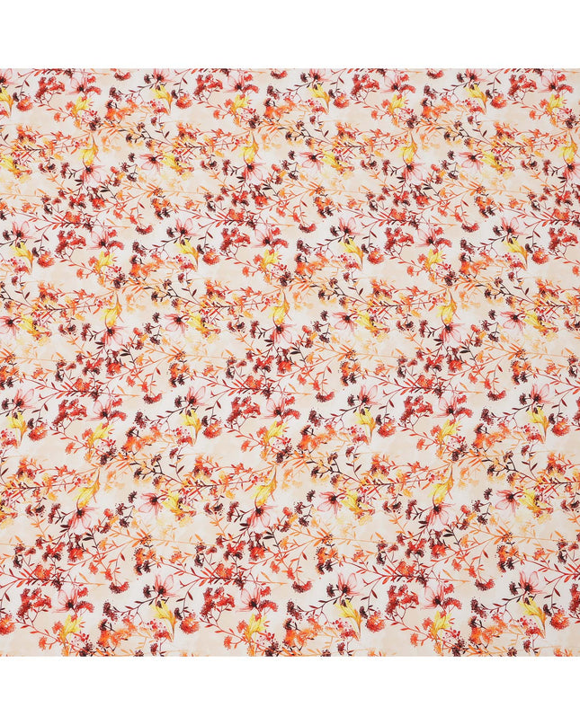Ivory and Fiery Orange Floral Vine Print Synthetic Crepe Fabric, Delicate Digital Design, 110 Cms Width, Made in India-D23762