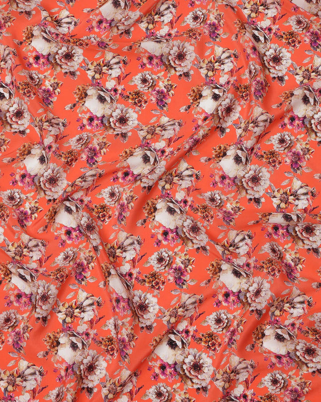 Bright Coral and Beige Floral Cluster Print Synthetic Crepe Fabric, Bold Digital Design, 110 Cms Width, Made in India-D23763