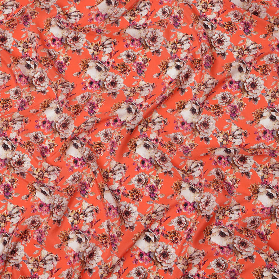 Bright Coral and Beige Floral Cluster Print Synthetic Crepe Fabric, Bold Digital Design, 110 Cms Width, Made in India-D23763