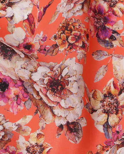 Bright Coral and Beige Floral Cluster Print Synthetic Crepe Fabric, Bold Digital Design, 110 Cms Width, Made in India-D23763