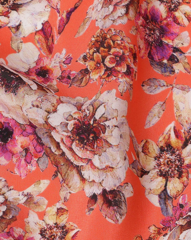 Bright Coral and Beige Floral Cluster Print Synthetic Crepe Fabric, Bold Digital Design, 110 Cms Width, Made in India-D23763