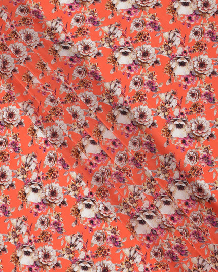 Bright Coral and Beige Floral Cluster Print Synthetic Crepe Fabric, Bold Digital Design, 110 Cms Width, Made in India-D23763