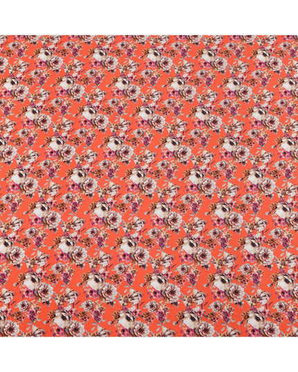 Bright Coral and Beige Floral Cluster Print Synthetic Crepe Fabric, Bold Digital Design, 110 Cms Width, Made in India-D23763