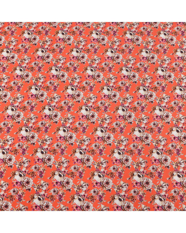 Bright Coral and Beige Floral Cluster Print Synthetic Crepe Fabric, Bold Digital Design, 110 Cms Width, Made in India-D23763