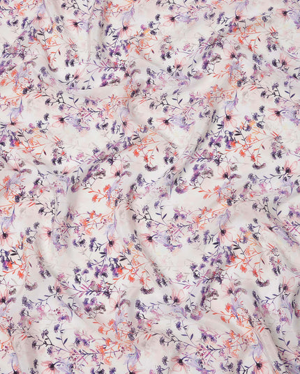 Ivory and Lavender Floral Vine Print Synthetic Crepe Fabric, Elegant Digital Design, 110 Cms Width, Made in India-D23764