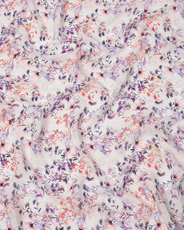 Ivory and Lavender Floral Vine Print Synthetic Crepe Fabric, Elegant Digital Design, 110 Cms Width, Made in India-D23764