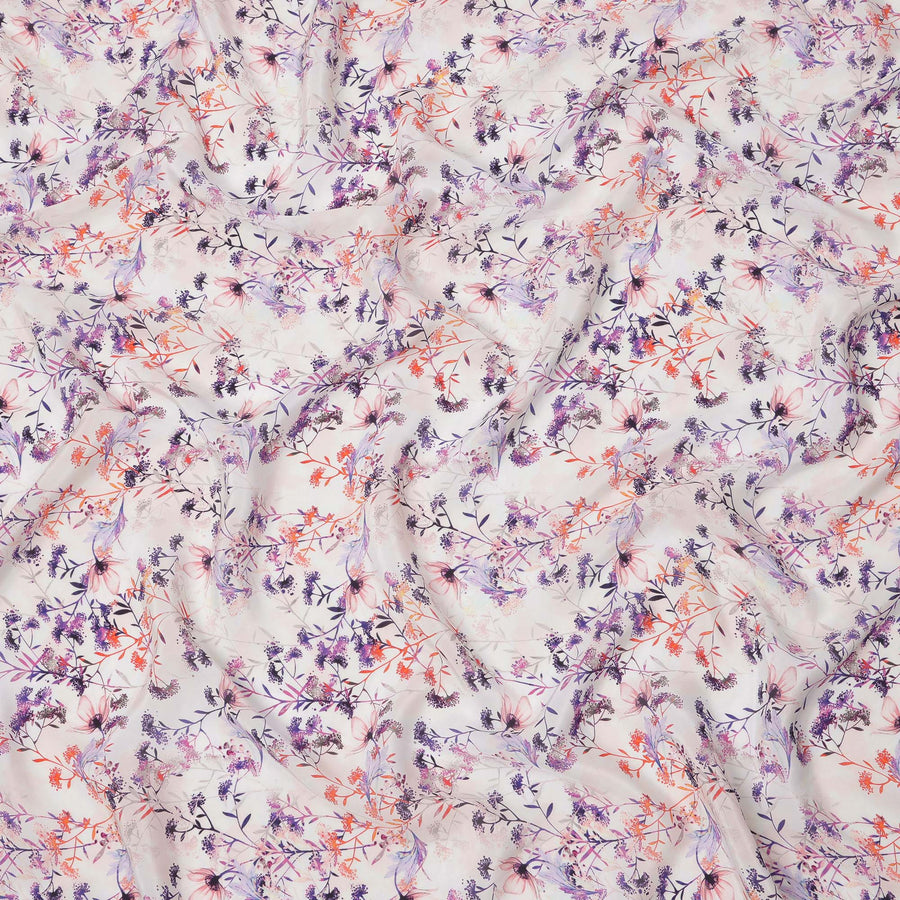 Ivory and Lavender Floral Vine Print Synthetic Crepe Fabric, Elegant Digital Design, 110 Cms Width, Made in India-D23764