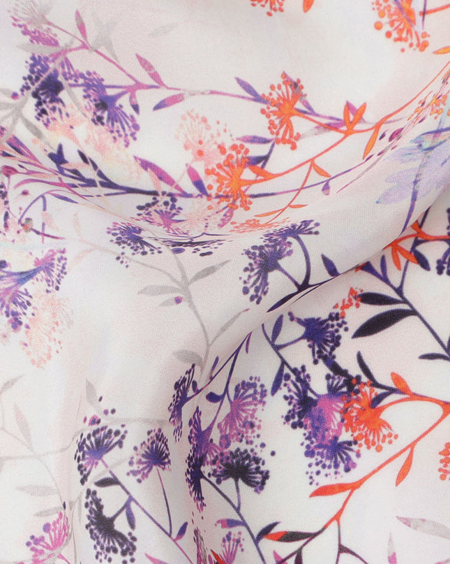 Ivory and Lavender Floral Vine Print Synthetic Crepe Fabric, Elegant Digital Design, 110 Cms Width, Made in India-D23764