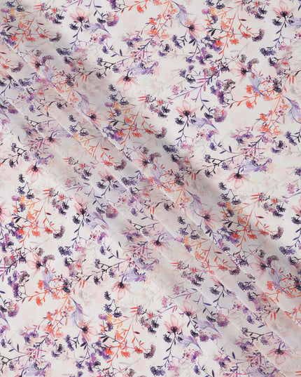 Ivory and Lavender Floral Vine Print Synthetic Crepe Fabric, Elegant Digital Design, 110 Cms Width, Made in India-D23764
