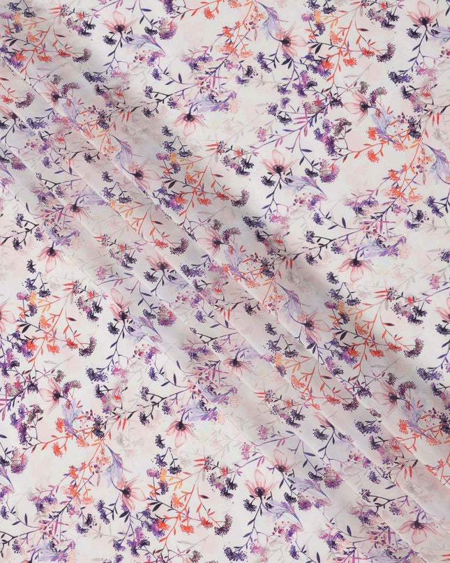 Ivory and Lavender Floral Vine Print Synthetic Crepe Fabric, Elegant Digital Design, 110 Cms Width, Made in India-D23764