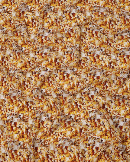 Golden Yellow and Rust Abstract Leaf Print Synthetic Crepe Fabric, Bold Digital Texture Design, 110 Cms Width, Made in India-D23765