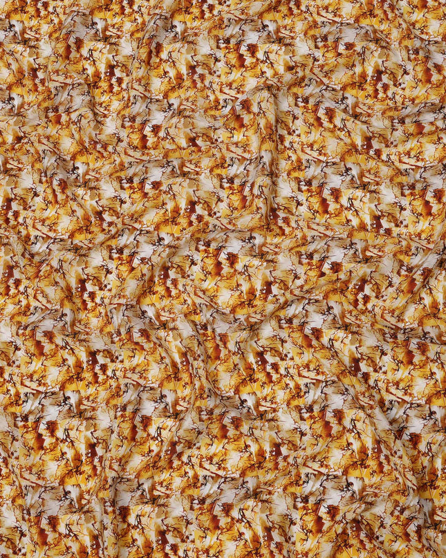Golden Yellow and Rust Abstract Leaf Print Synthetic Crepe Fabric, Bold Digital Texture Design, 110 Cms Width, Made in India-D23765